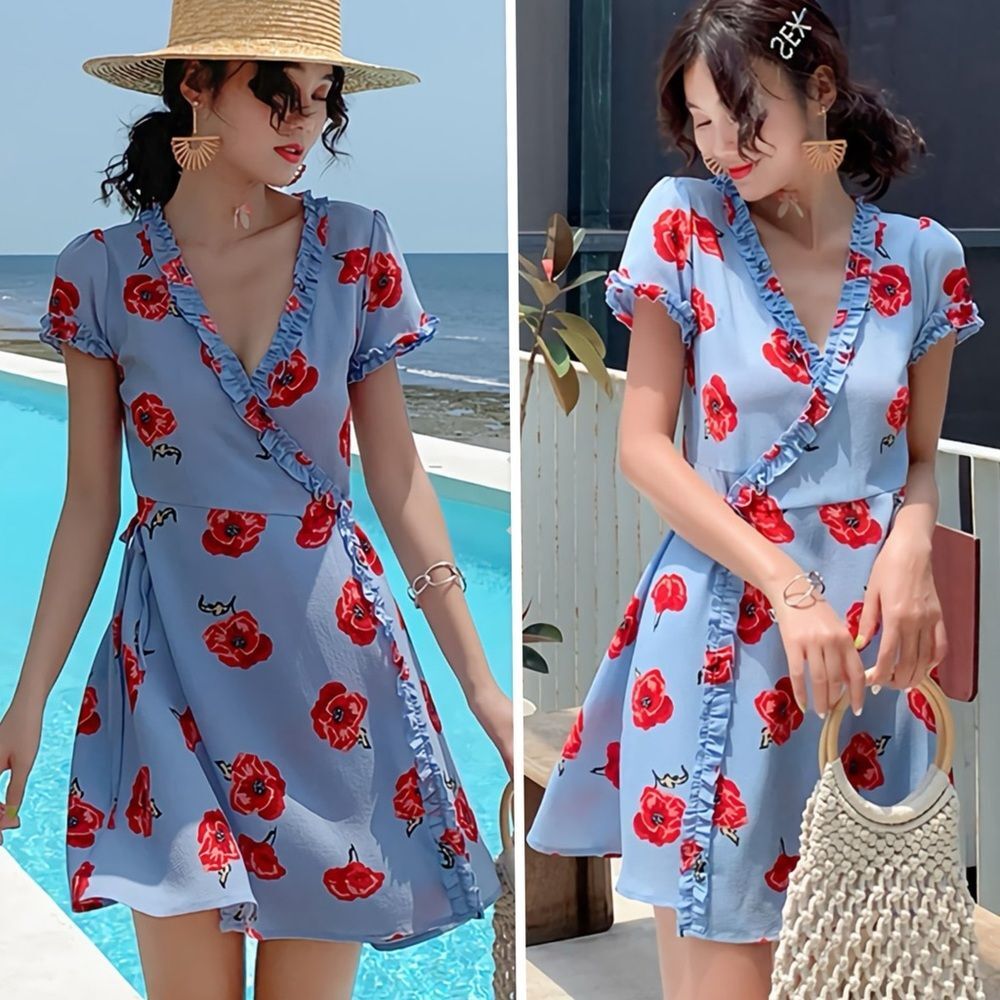 Reformation Garnet Wrap Dress Pelyana V-Neck Floral Print Dress In Blue Ref Sz S - Picture 3 of 16